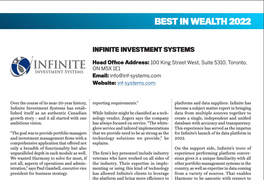 Screenshot from WP's website feature IIS as one of the Best in Wealth providers for 2022